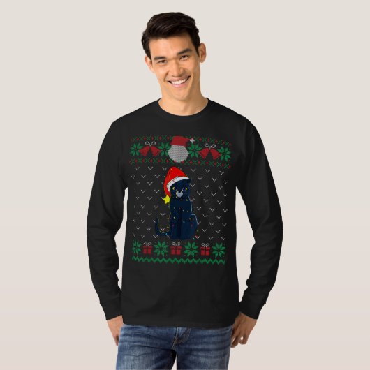 Black Cat Ugly KerstSweater Xmas Tree Light H T-shirt (Voorkant volledig)
