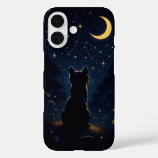 Black Cat Under Crescent Moon - Magical Night Sky  iPhone 16 Hoesje