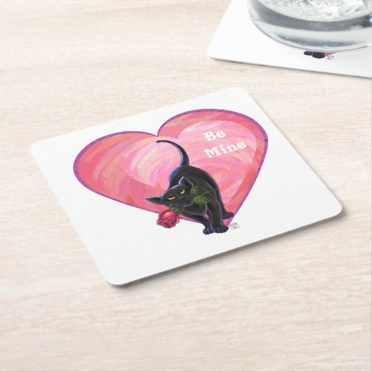 Black Cat Valentijnsdag Kartonnen Onderzetters (Schuin)