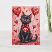 Black Cat Valentine Sitting with Hearts Red Kaart (Voorkant)