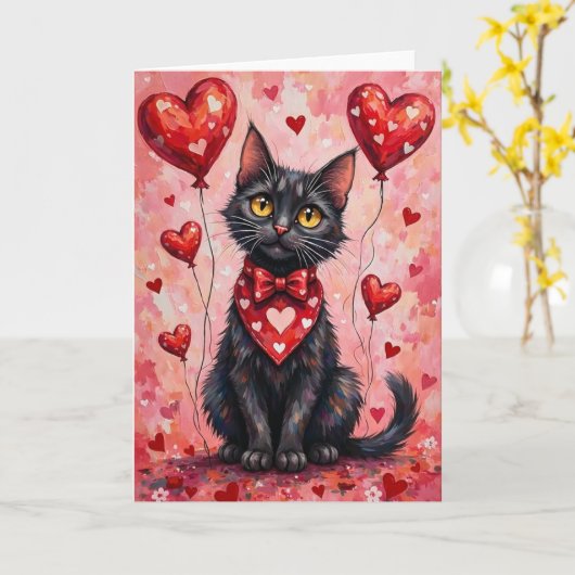 Black Cat Valentine Sitting with Hearts Red Kaart (Gele Bloem)