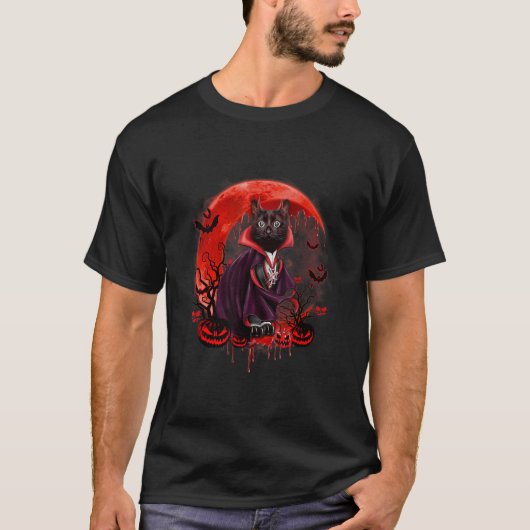 Black Cat Vampire Witch Happy Halloween Red Bloody T-shirt (Voorkant)
