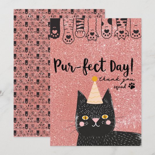 Black Cat Verjaardag Pet Roze Glitter Purfect Dag Bedankkaart (Voorkant / Achterkant)