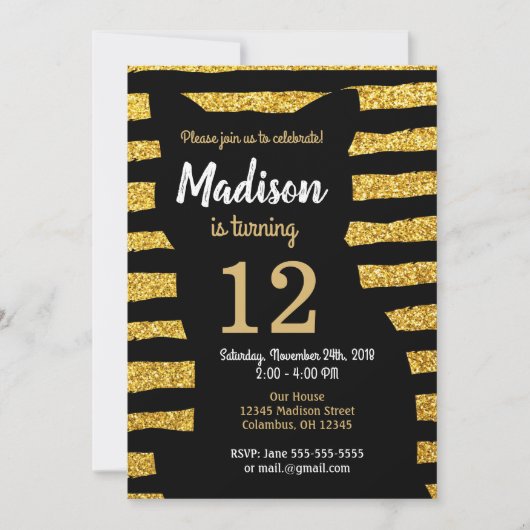 Black Cat Verjaardag Uitnodiging / Glam / Glitter (Voorkant)