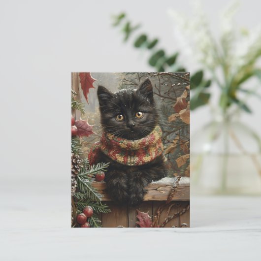 Black Cat Vintage Kerstmis Briefkaart (Staand voorkant)
