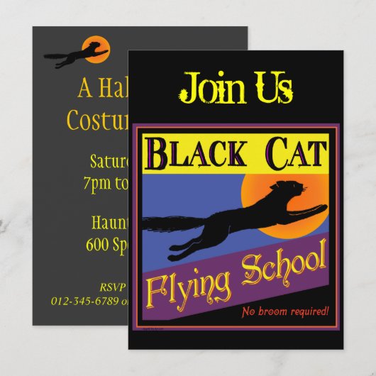 Black Cat Vliegschool Halloween Uitnodigingen (Voorkant / Achterkant)