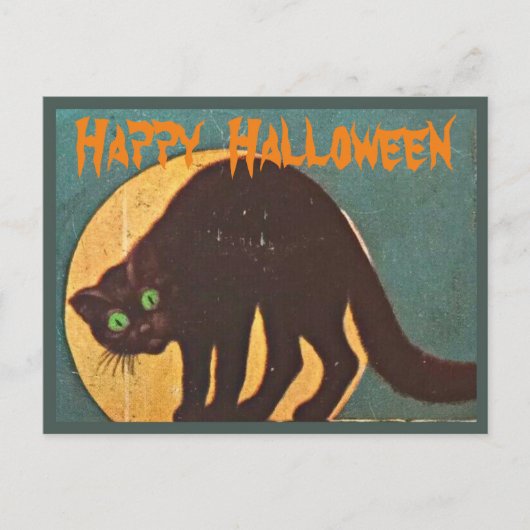 Black Cat & Volle Maan - Happy Halloween Feestdagenkaart (Voorkant)