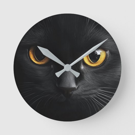 Black Cat Wall Clock with Striking Yellow Eyes - M Ronde Klok (Voorkant)