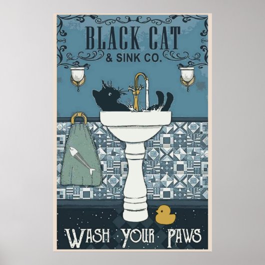 Black Cat Wash Your Paws Poster (Voorkant)