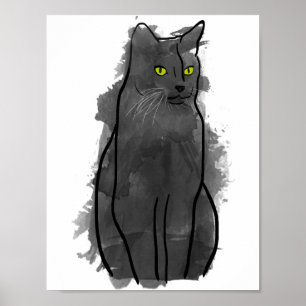 Black Cat Waterverf Art, Waterverf Cat Decor Poster