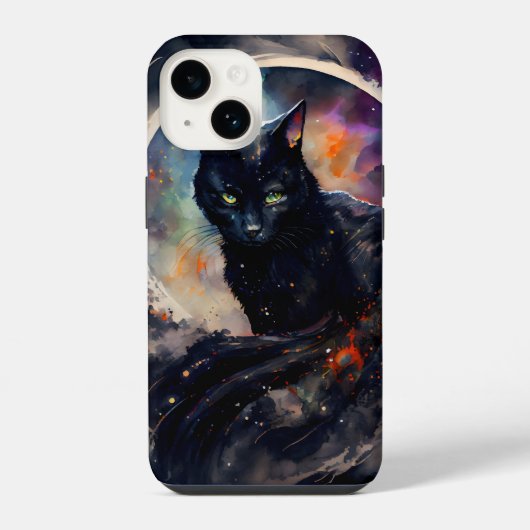 Black Cat Waterverf Eclipse Moon Artwork iPhone Hoesje (Achterkant)