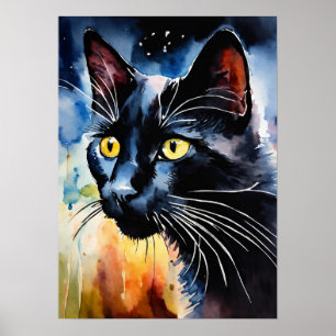 Black Cat Waterverf Wall Poster