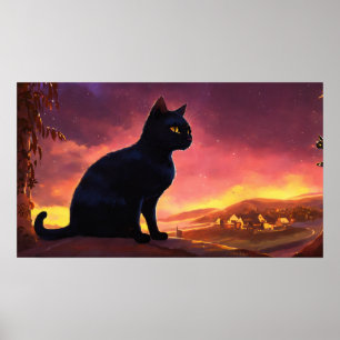 Black Cat Waterverf Wall Poster