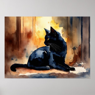 Black Cat Waterverf Wall Poster