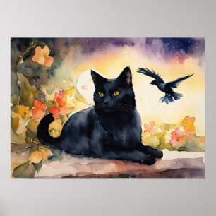 Black Cat Waterverf Wall Poster