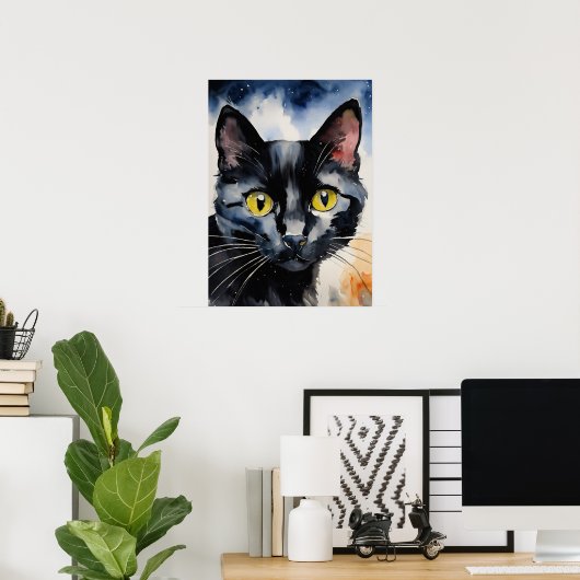 Black Cat Waterverf Wall Poster (Thuiskantoor)