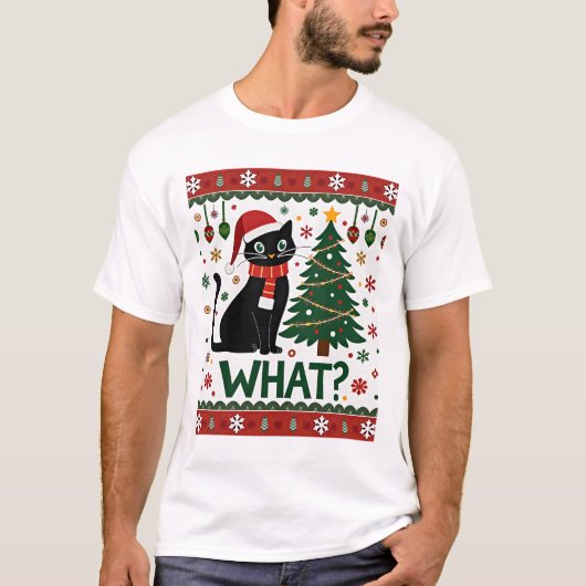 Black Cat What Pushing Christmas Tree Funny Cat Xm T-shirt (Voorkant)