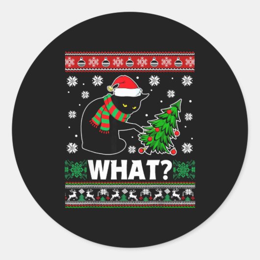 Black Cat What Pushing Tree Over Ugly Christmas Sw Ronde Sticker (Voorkant)