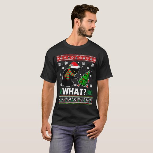 Black Cat What Pushing Tree Over Ugly Christmas Sw T-shirt (Voorkant volledig)