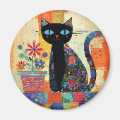 Black Cat Whimsical Artwork Magneet (Voorkant)