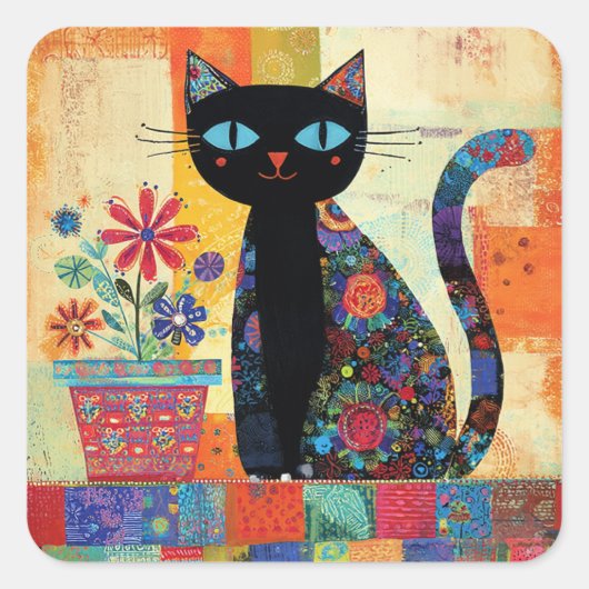 Black Cat Whimsical Artwork Vierkante Sticker (Voorkant)