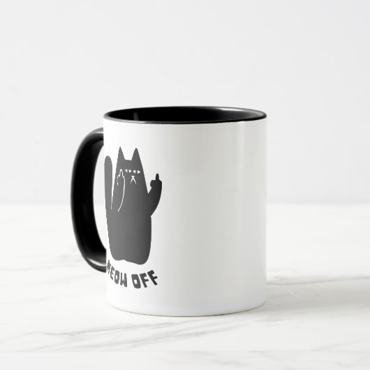 Black Cat wijst middelvinger aan en zegt 'Mauw-off Mok (Voorkant links)