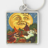 Black Cat Witch Bat Volle Maan Sleutelhanger (Voorkant)