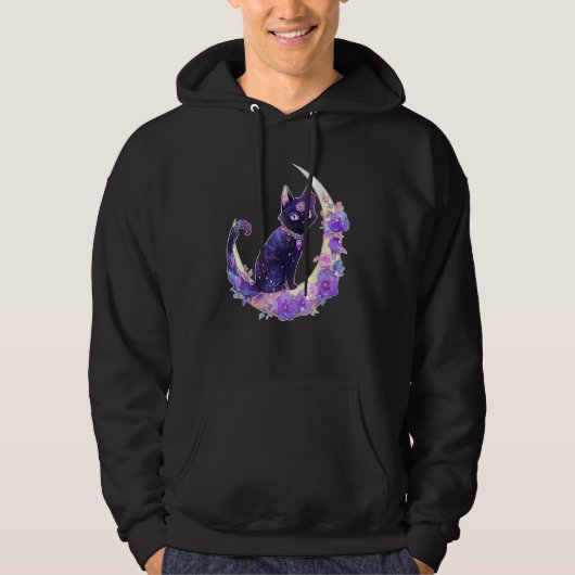 Black Cat Witch Crescent Moon Witchy Crystal Paste Hoodie (Voorkant)