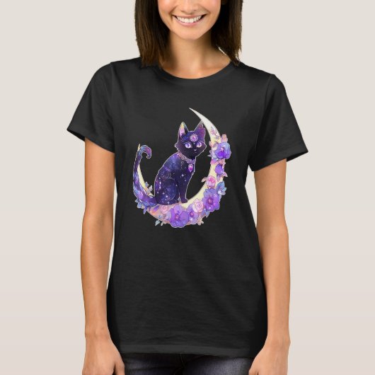 Black Cat Witch Crescent Moon Witchy Crystal Paste T-shirt (Voorkant)