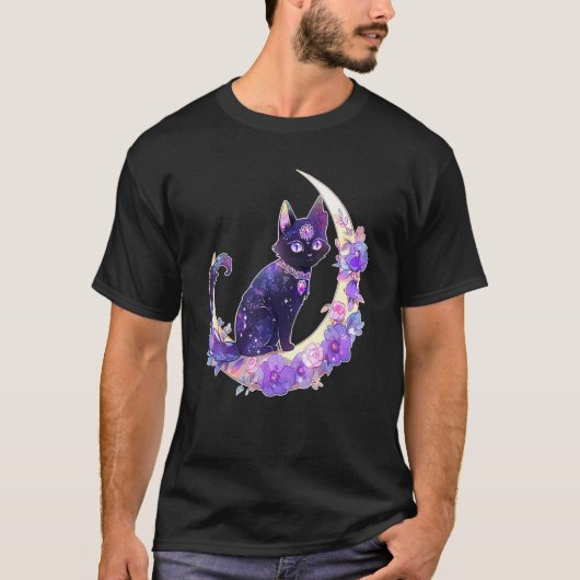 Black Cat Witch Crescent Moon Witchy Crystal Paste T-shirt (Voorkant)