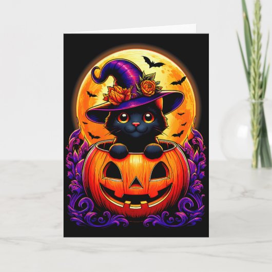 Black Cat Witch Hat Pumpkin Funny Halloween Men Wo Kaart (Voorkant)