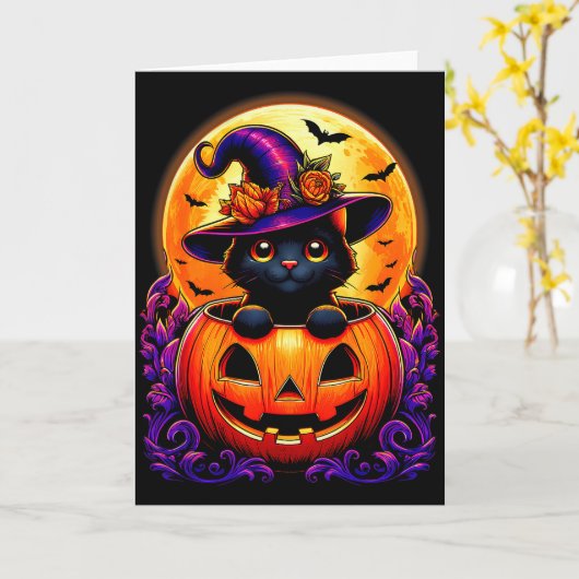Black Cat Witch Hat Pumpkin Funny Halloween Men Wo Kaart (Gele Bloem)
