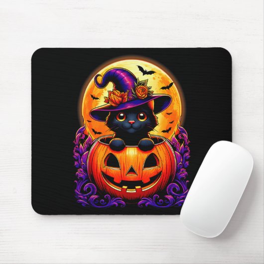 Black Cat Witch Hat Pumpkin Funny Halloween Men Wo Muismat (Met muis)