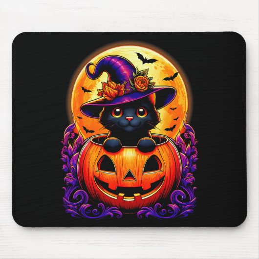 Black Cat Witch Hat Pumpkin Funny Halloween Men Wo Muismat (Voorkant)