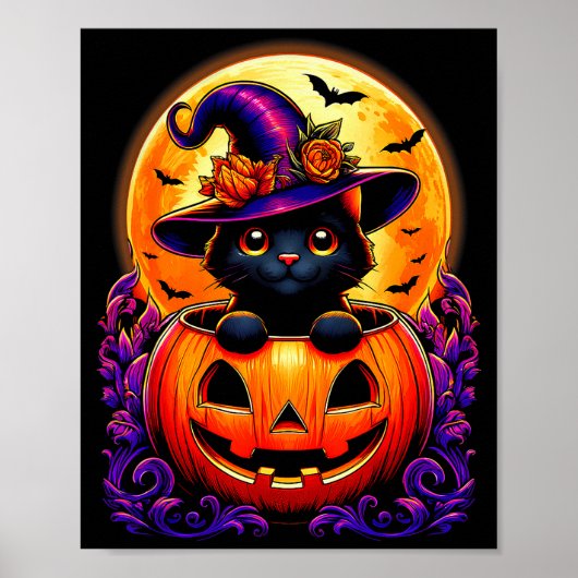 Black Cat Witch Hat Pumpkin Funny Halloween Men Wo Poster (Voorkant)
