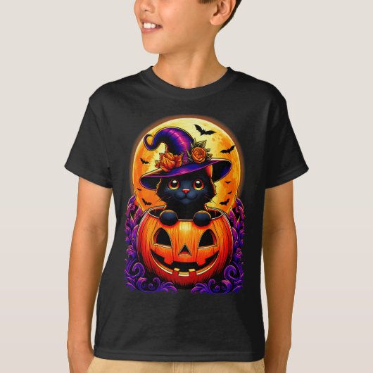 Black Cat Witch Hat Pumpkin Funny Halloween Men Wo T-shirt (Voorkant)