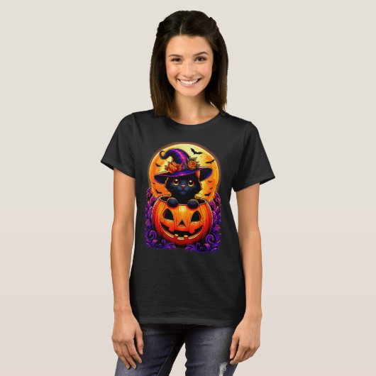 Black Cat Witch Hat Pumpkin Funny Halloween Men Wo T-shirt (Voorkant volledig)