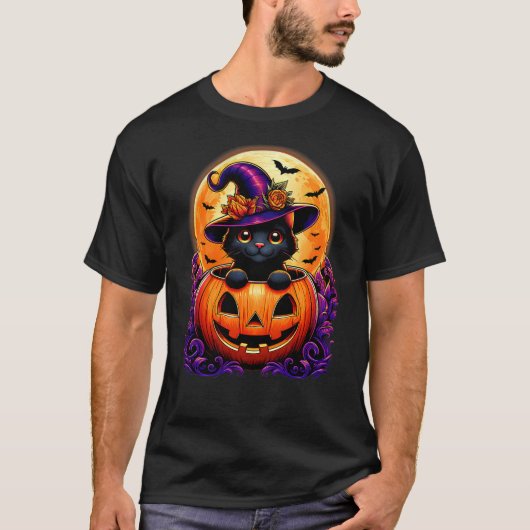 Black Cat Witch Hat Pumpkin Funny Halloween Men Wo T-shirt (Voorkant)