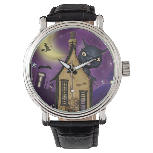 Black Cat Witch House Spooky Wrist Watch Horloge (Voorkant)