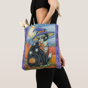 BLACK CAT WITCH & MOUSE HALLOWEEN TRICK OR TREAT TOTE BAG