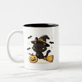Black Cat Witch on Broomstick & Pumpkin Halloween  Tweekleurige Koffiemok