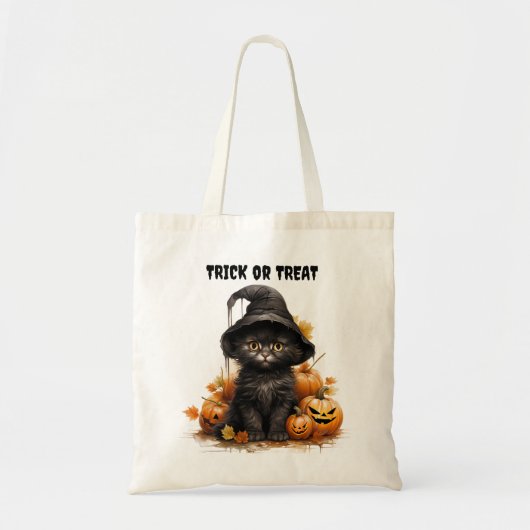 Black Cat Witch Pet Kinder Halloween Trick or trea Tote Bag (Voorkant)