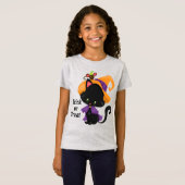 Black Cat Witch Pet Personaliseer Tekst Girl's T-shirt (Voorkant volledig)
