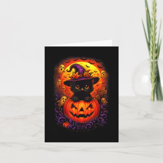 Black Cat Witch Pet Pompoen Grappige Halloween Man Kaart (Voorkant)