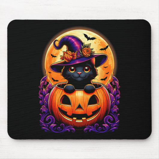 Black Cat Witch Pet Pompoen Grappige Halloween Man Muismat (Voorkant)