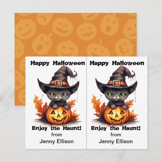 Black Cat Witch Pet School Party Halloween Kaart (Voorkant / Achterkant)
