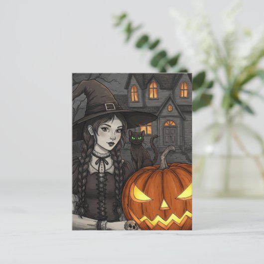 Black Cat Witch Pumpkin Halloween Briefkaart (Staand voorkant)