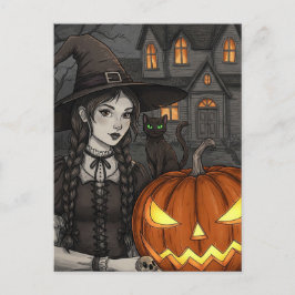 Black Cat Witch Pumpkin Halloween Briefkaart