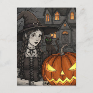 Black Cat Witch Pumpkin Halloween Briefkaart