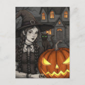 Black Cat Witch Pumpkin Halloween Briefkaart (Voorkant)